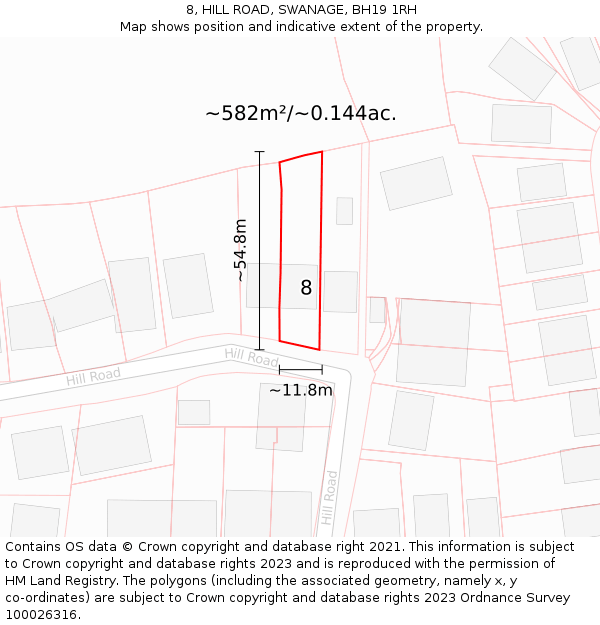 8, HILL ROAD, SWANAGE, BH19 1RH: Plot and title map