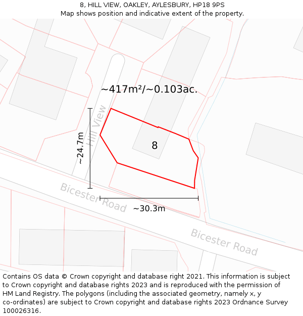 8, HILL VIEW, OAKLEY, AYLESBURY, HP18 9PS: Plot and title map