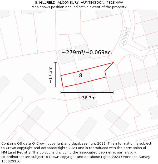 8, HILLFIELD, ALCONBURY, HUNTINGDON, PE28 4WA: Plot and title map