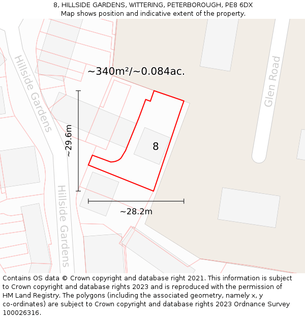 8, HILLSIDE GARDENS, WITTERING, PETERBOROUGH, PE8 6DX: Plot and title map