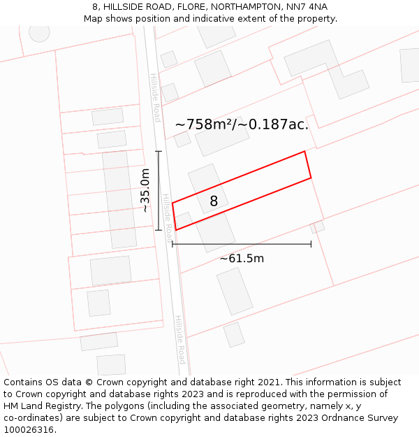 8, HILLSIDE ROAD, FLORE, NORTHAMPTON, NN7 4NA: Plot and title map