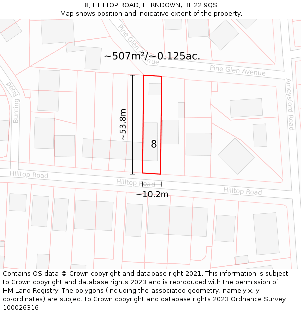 8, HILLTOP ROAD, FERNDOWN, BH22 9QS: Plot and title map