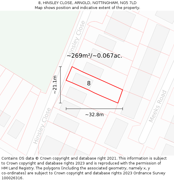 8, HINSLEY CLOSE, ARNOLD, NOTTINGHAM, NG5 7LD: Plot and title map