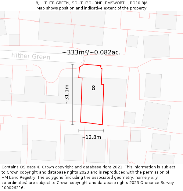 8, HITHER GREEN, SOUTHBOURNE, EMSWORTH, PO10 8JA: Plot and title map