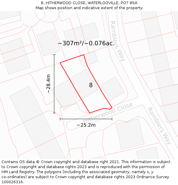 8, HITHERWOOD CLOSE, WATERLOOVILLE, PO7 8SA: Plot and title map