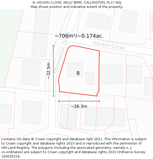 8, HOCKIN CLOSE, KELLY BRAY, CALLINGTON, PL17 8GJ: Plot and title map