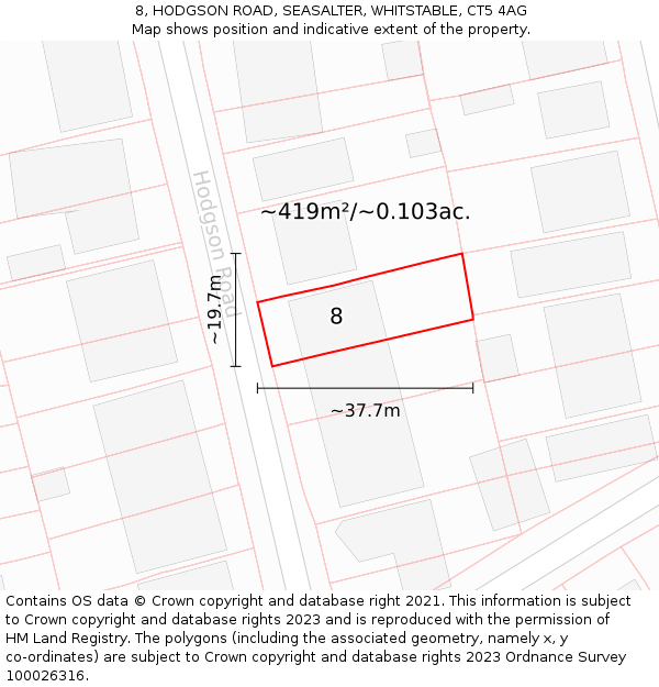 8, HODGSON ROAD, SEASALTER, WHITSTABLE, CT5 4AG: Plot and title map