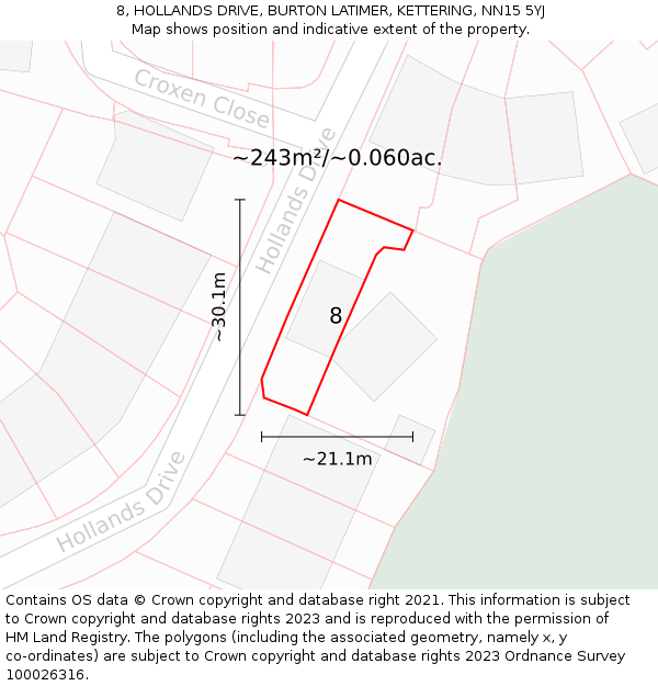 8, HOLLANDS DRIVE, BURTON LATIMER, KETTERING, NN15 5YJ: Plot and title map