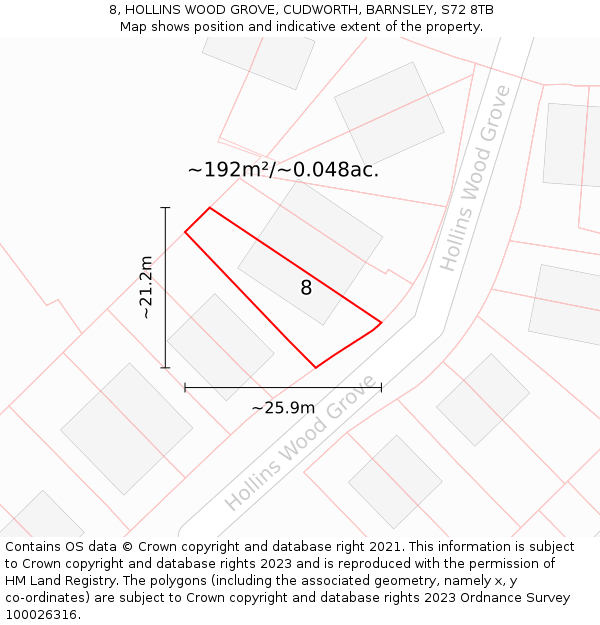 8, HOLLINS WOOD GROVE, CUDWORTH, BARNSLEY, S72 8TB: Plot and title map