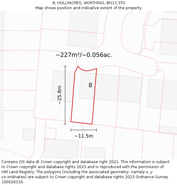 8, HOLLYACRES, WORTHING, BN13 3TD: Plot and title map