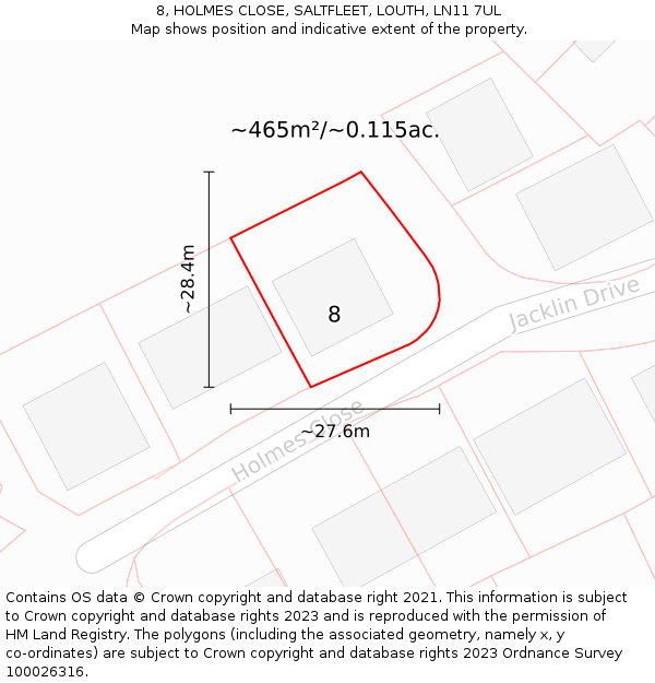 8, HOLMES CLOSE, SALTFLEET, LOUTH, LN11 7UL: Plot and title map