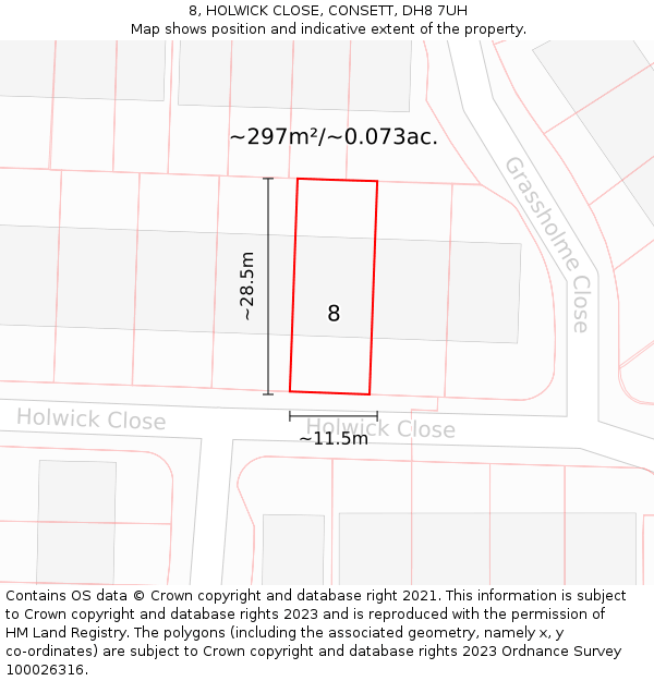 8, HOLWICK CLOSE, CONSETT, DH8 7UH: Plot and title map