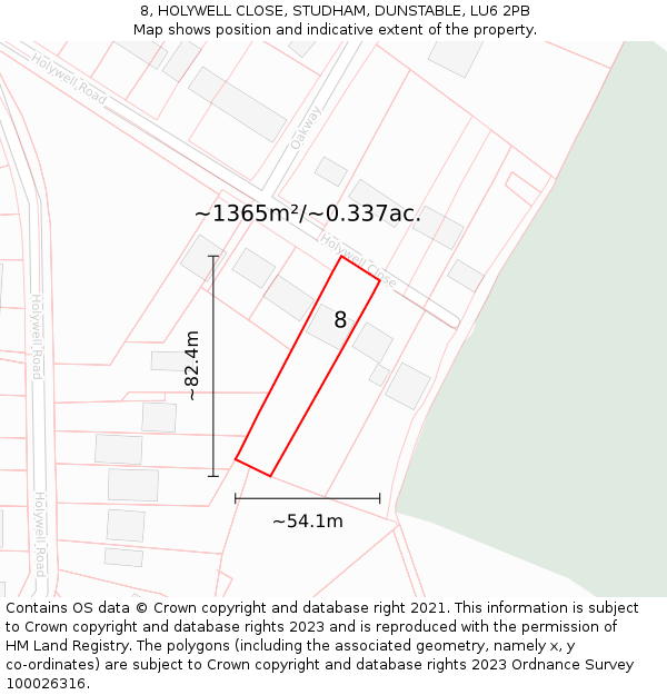 8, HOLYWELL CLOSE, STUDHAM, DUNSTABLE, LU6 2PB: Plot and title map