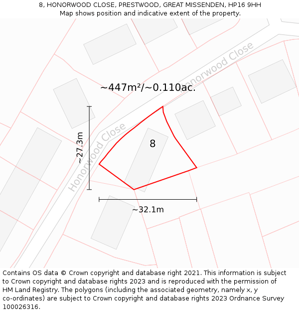 8, HONORWOOD CLOSE, PRESTWOOD, GREAT MISSENDEN, HP16 9HH: Plot and title map