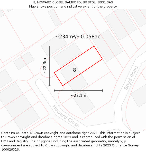 8, HOWARD CLOSE, SALTFORD, BRISTOL, BS31 3AS: Plot and title map