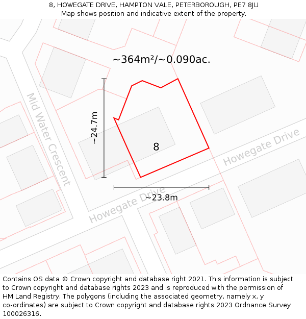 8, HOWEGATE DRIVE, HAMPTON VALE, PETERBOROUGH, PE7 8JU: Plot and title map