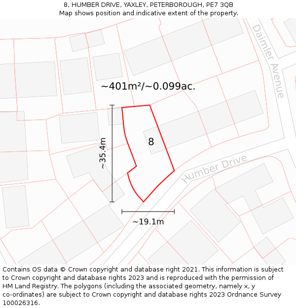 8, HUMBER DRIVE, YAXLEY, PETERBOROUGH, PE7 3QB: Plot and title map