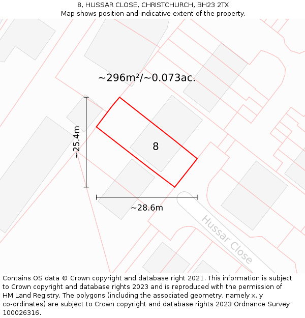 8, HUSSAR CLOSE, CHRISTCHURCH, BH23 2TX: Plot and title map