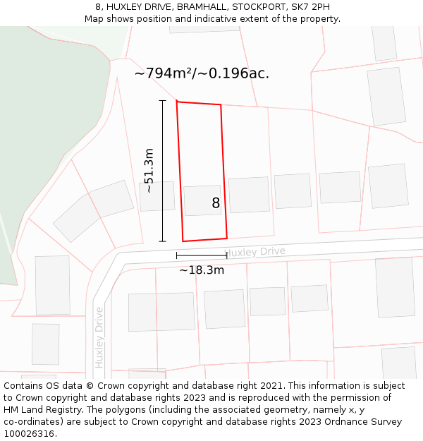 8, HUXLEY DRIVE, BRAMHALL, STOCKPORT, SK7 2PH: Plot and title map