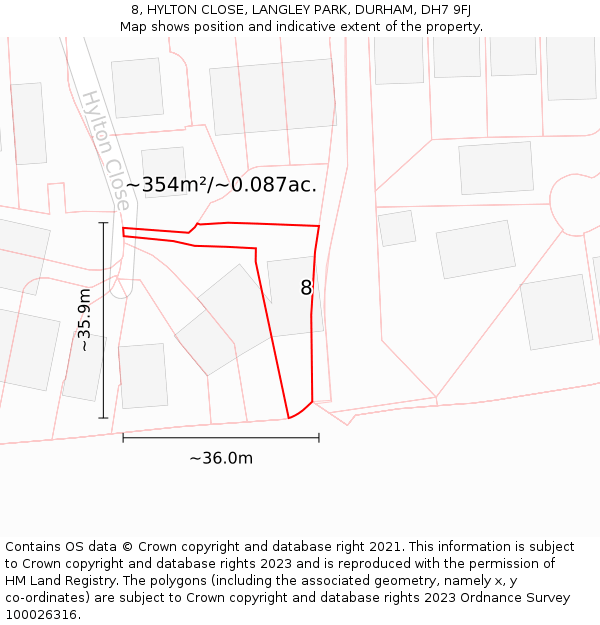 8, HYLTON CLOSE, LANGLEY PARK, DURHAM, DH7 9FJ: Plot and title map