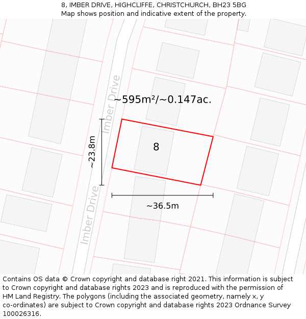 8, IMBER DRIVE, HIGHCLIFFE, CHRISTCHURCH, BH23 5BG: Plot and title map