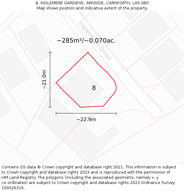 8, INGLEMERE GARDENS, ARNSIDE, CARNFORTH, LA5 0BX: Plot and title map