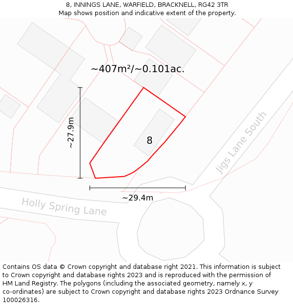 8, INNINGS LANE, WARFIELD, BRACKNELL, RG42 3TR: Plot and title map