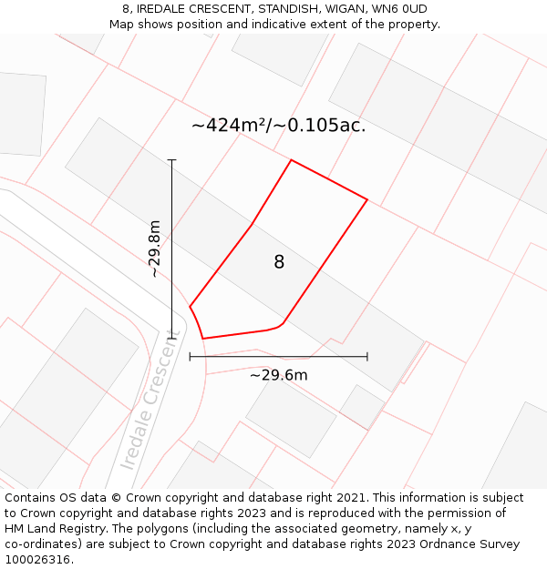 8, IREDALE CRESCENT, STANDISH, WIGAN, WN6 0UD: Plot and title map