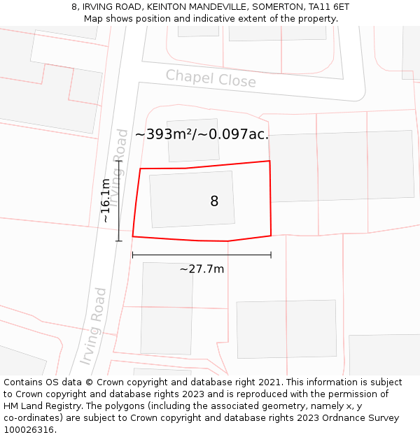 8, IRVING ROAD, KEINTON MANDEVILLE, SOMERTON, TA11 6ET: Plot and title map