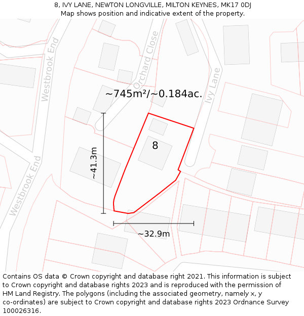 8, IVY LANE, NEWTON LONGVILLE, MILTON KEYNES, MK17 0DJ: Plot and title map