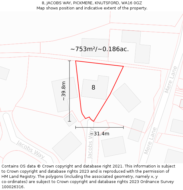 8, JACOBS WAY, PICKMERE, KNUTSFORD, WA16 0GZ: Plot and title map