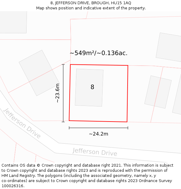 8, JEFFERSON DRIVE, BROUGH, HU15 1AQ: Plot and title map