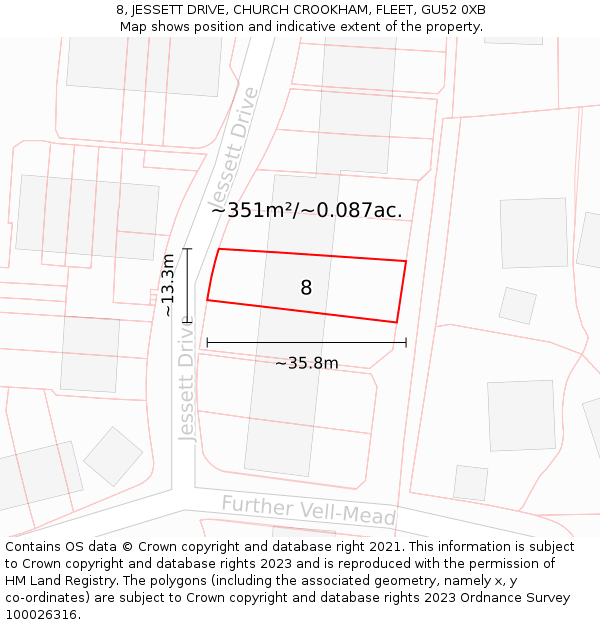 8, JESSETT DRIVE, CHURCH CROOKHAM, FLEET, GU52 0XB: Plot and title map