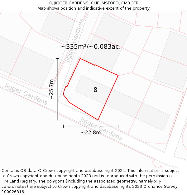 8, JIGGER GARDENS, CHELMSFORD, CM3 3FR: Plot and title map