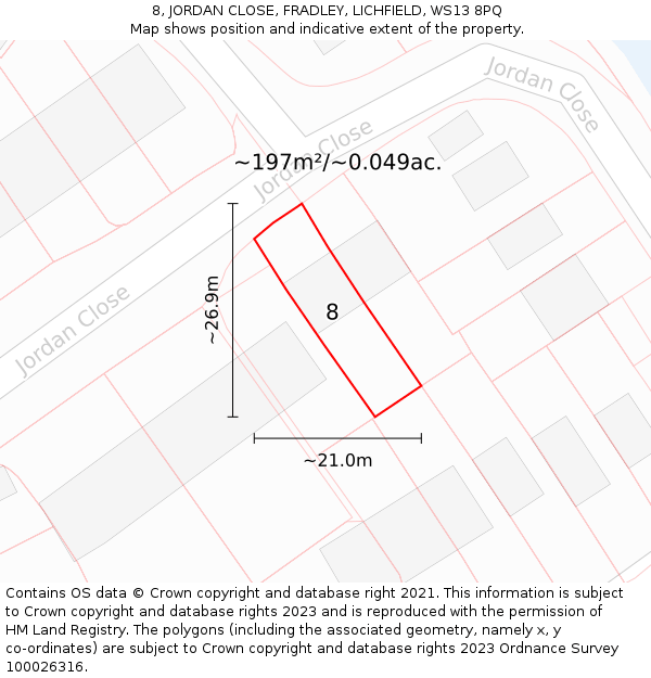 8, JORDAN CLOSE, FRADLEY, LICHFIELD, WS13 8PQ: Plot and title map