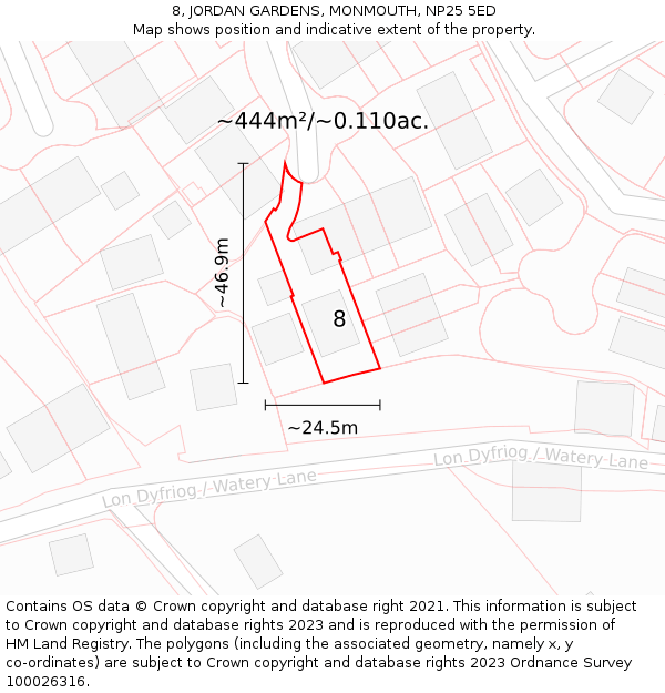 8, JORDAN GARDENS, MONMOUTH, NP25 5ED: Plot and title map