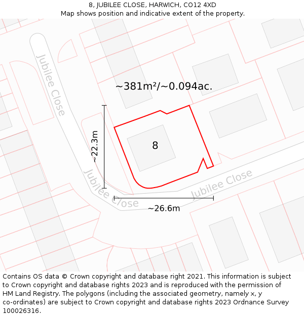 8, JUBILEE CLOSE, HARWICH, CO12 4XD: Plot and title map