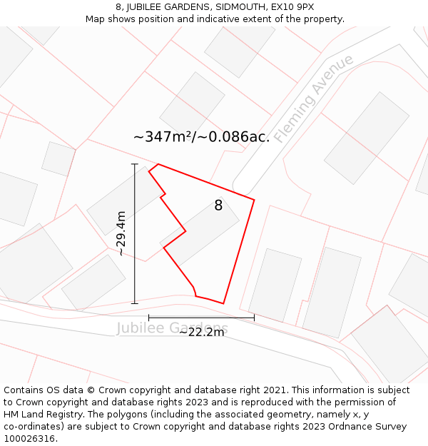 8, JUBILEE GARDENS, SIDMOUTH, EX10 9PX: Plot and title map