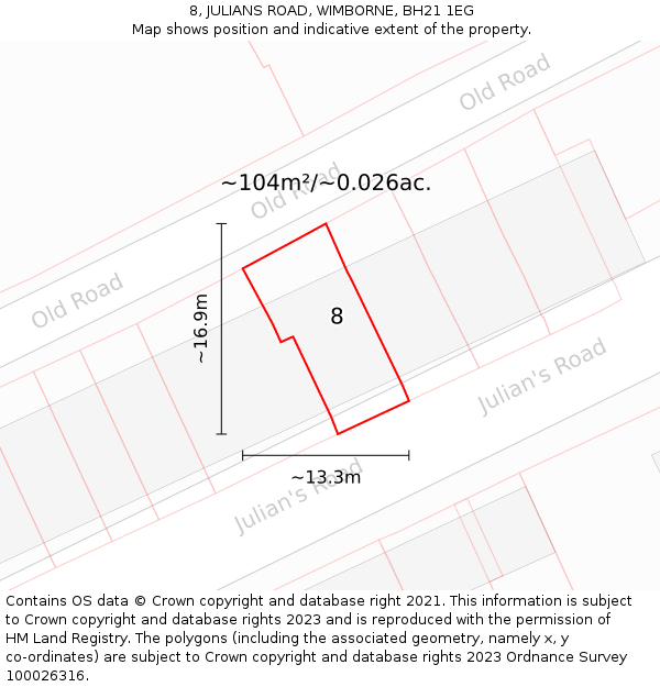 8, JULIANS ROAD, WIMBORNE, BH21 1EG: Plot and title map