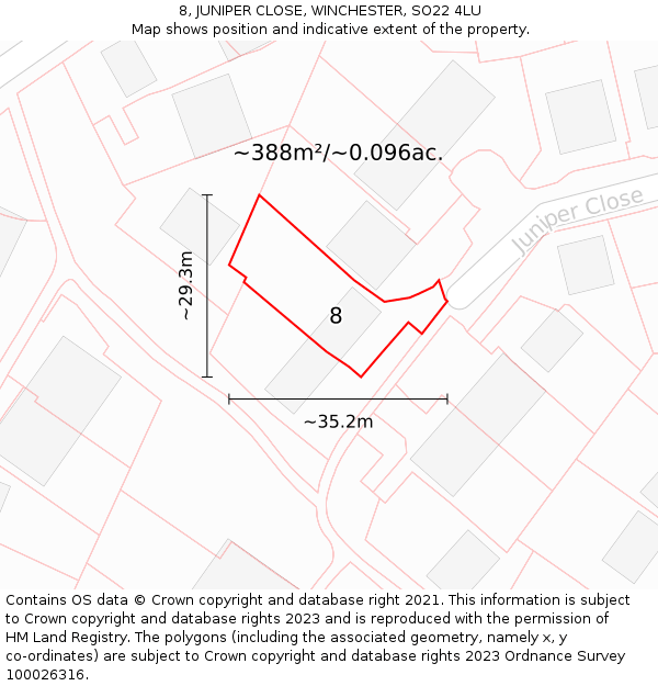8, JUNIPER CLOSE, WINCHESTER, SO22 4LU: Plot and title map