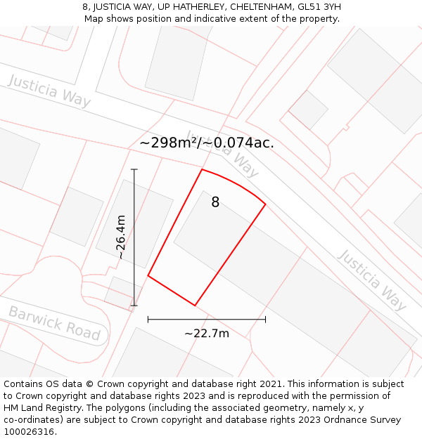 8, JUSTICIA WAY, UP HATHERLEY, CHELTENHAM, GL51 3YH: Plot and title map