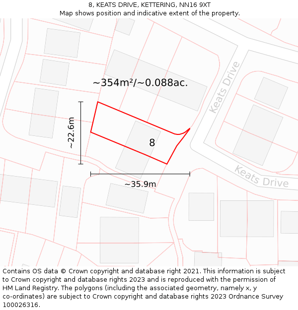 8, KEATS DRIVE, KETTERING, NN16 9XT: Plot and title map