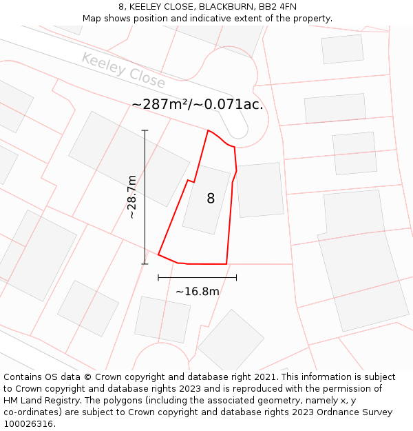 8, KEELEY CLOSE, BLACKBURN, BB2 4FN: Plot and title map