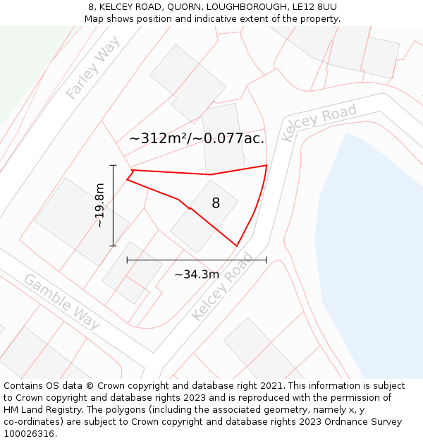 8, KELCEY ROAD, QUORN, LOUGHBOROUGH, LE12 8UU: Plot and title map