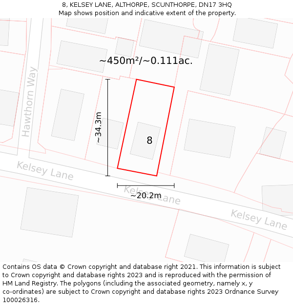 8, KELSEY LANE, ALTHORPE, SCUNTHORPE, DN17 3HQ: Plot and title map