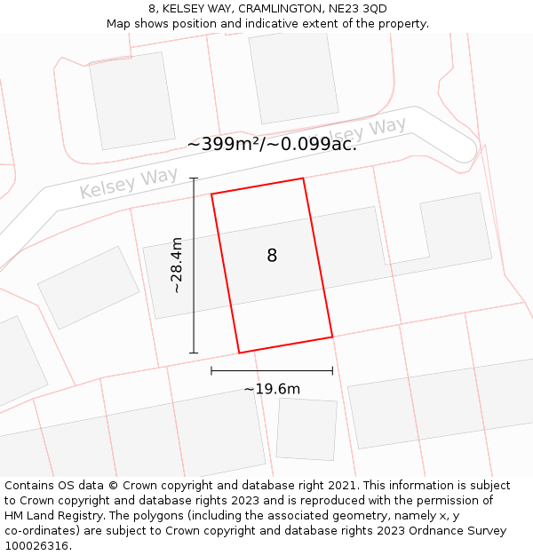 8, KELSEY WAY, CRAMLINGTON, NE23 3QD: Plot and title map