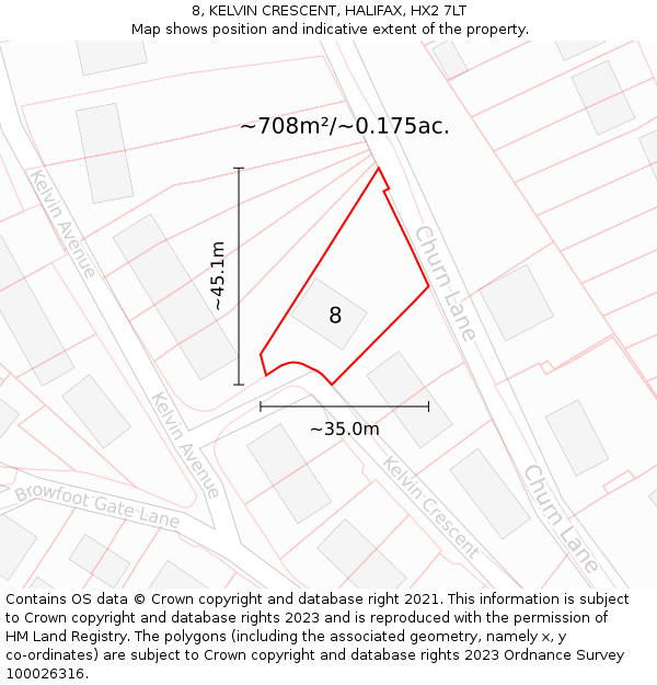 8, KELVIN CRESCENT, HALIFAX, HX2 7LT: Plot and title map