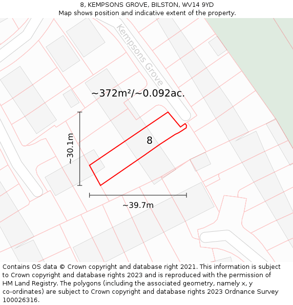 8, KEMPSONS GROVE, BILSTON, WV14 9YD: Plot and title map