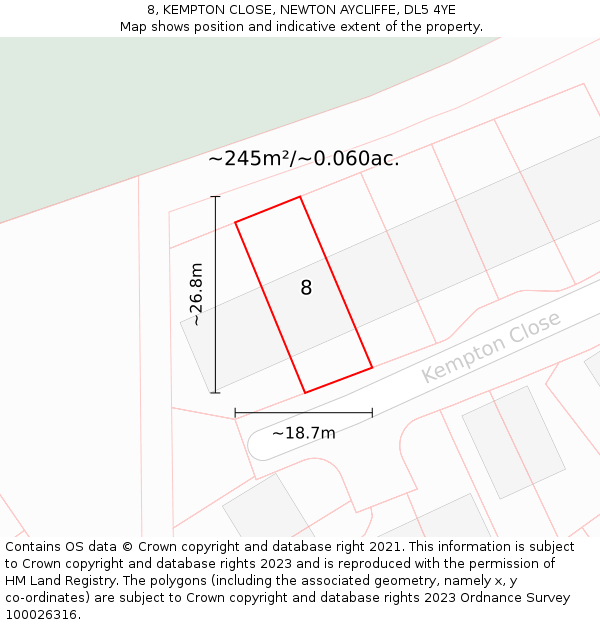 8, KEMPTON CLOSE, NEWTON AYCLIFFE, DL5 4YE: Plot and title map