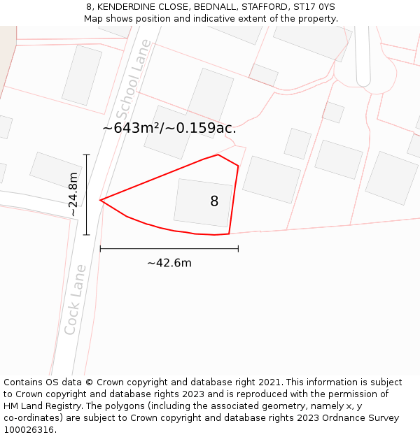 8, KENDERDINE CLOSE, BEDNALL, STAFFORD, ST17 0YS: Plot and title map